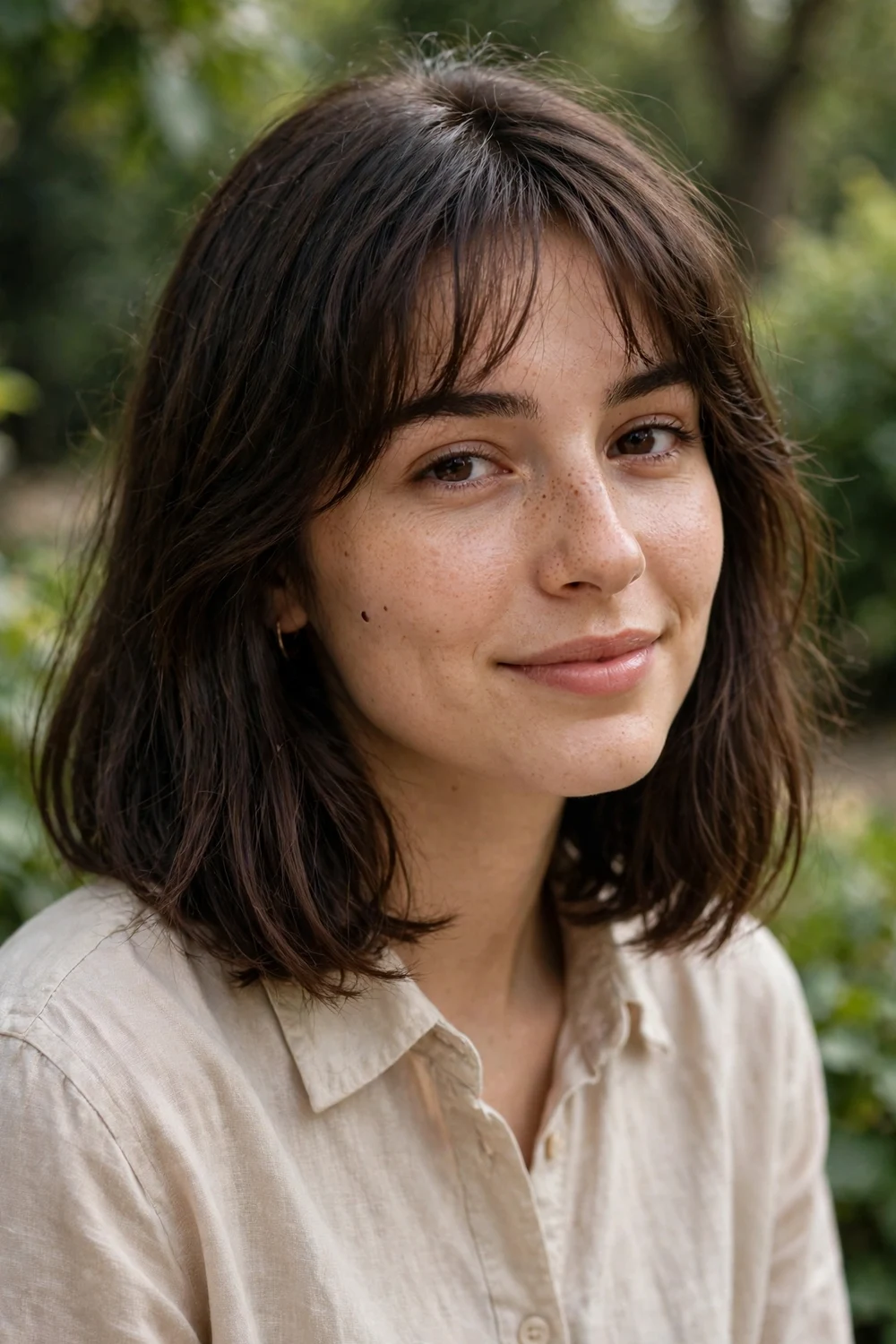 Long bob with a light wispy fringe across the forehead