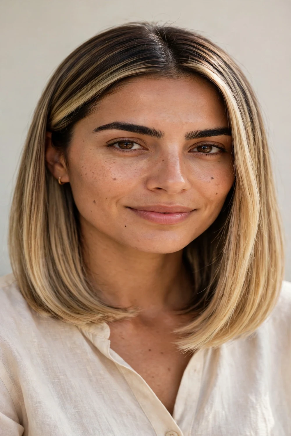 Woman with a long bob at collarbone length, sleek shape