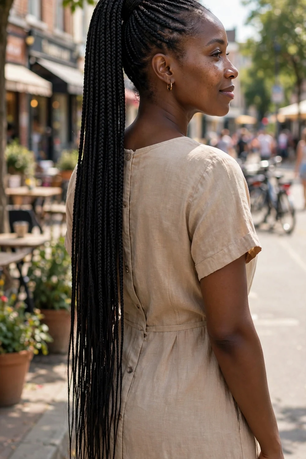 Woman with a long sleek braided ponytail, back view