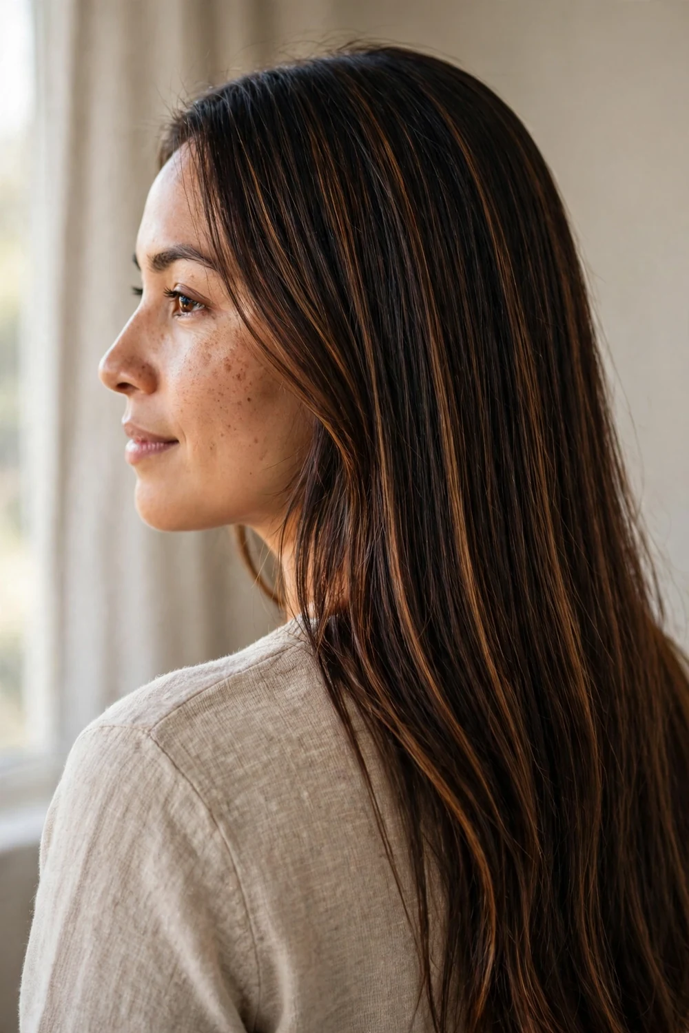 Long straight dark brown hair with fine cinnamon highlight threads