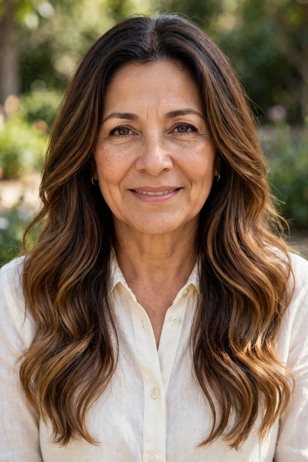 Hispanic woman in her mid 50s with long hair in a soft brown ombre from dark roots to caramel ends