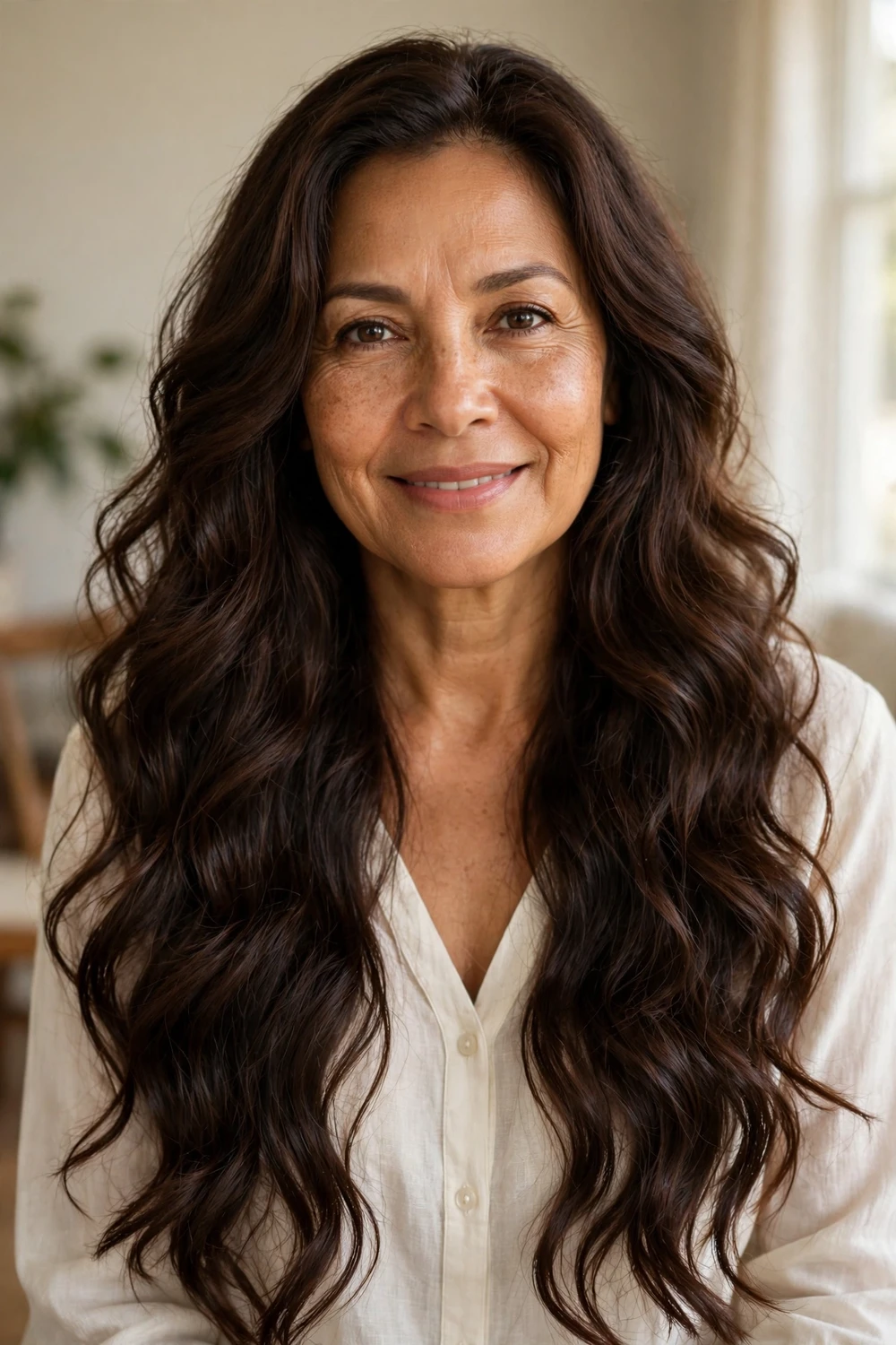 Latina woman in her early 50s with long cascading waves in rich dark brown hair