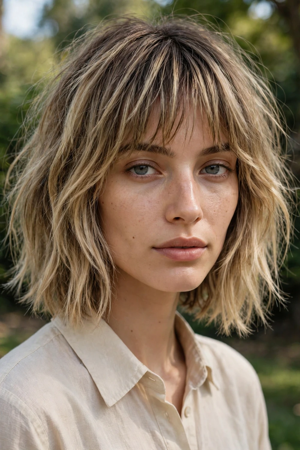 Long choppy bob with blonde balayage and bangs