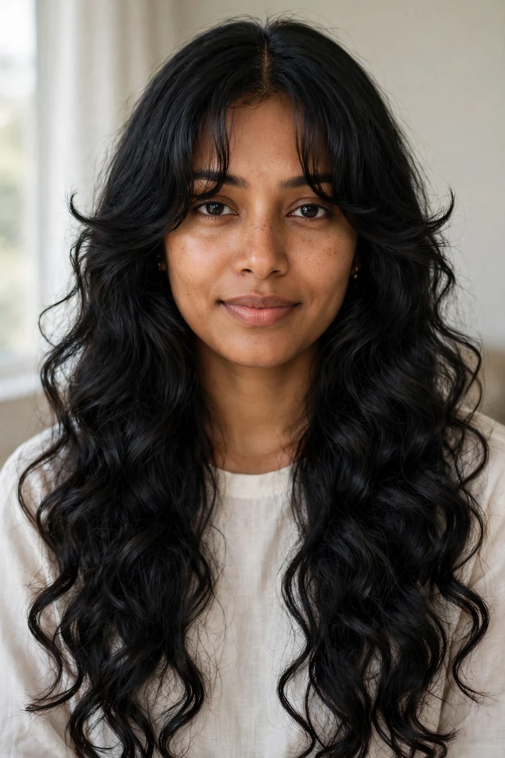 Woman with black long hair in loose curls with curtain bangs