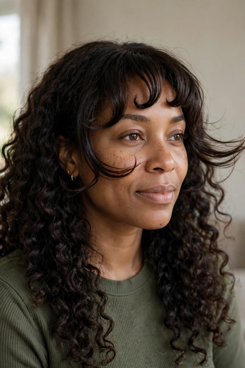 Woman with long natural curls and bottleneck bangs