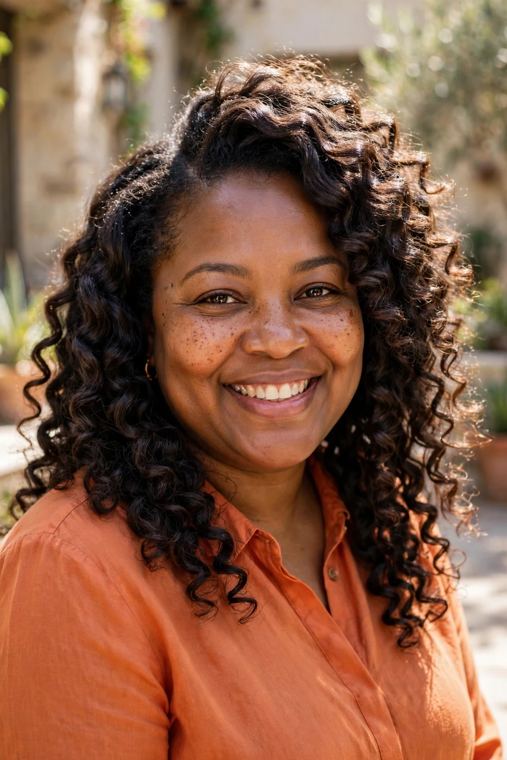 Woman with a round face and long natural curly hair with structured layers and volume at the crown