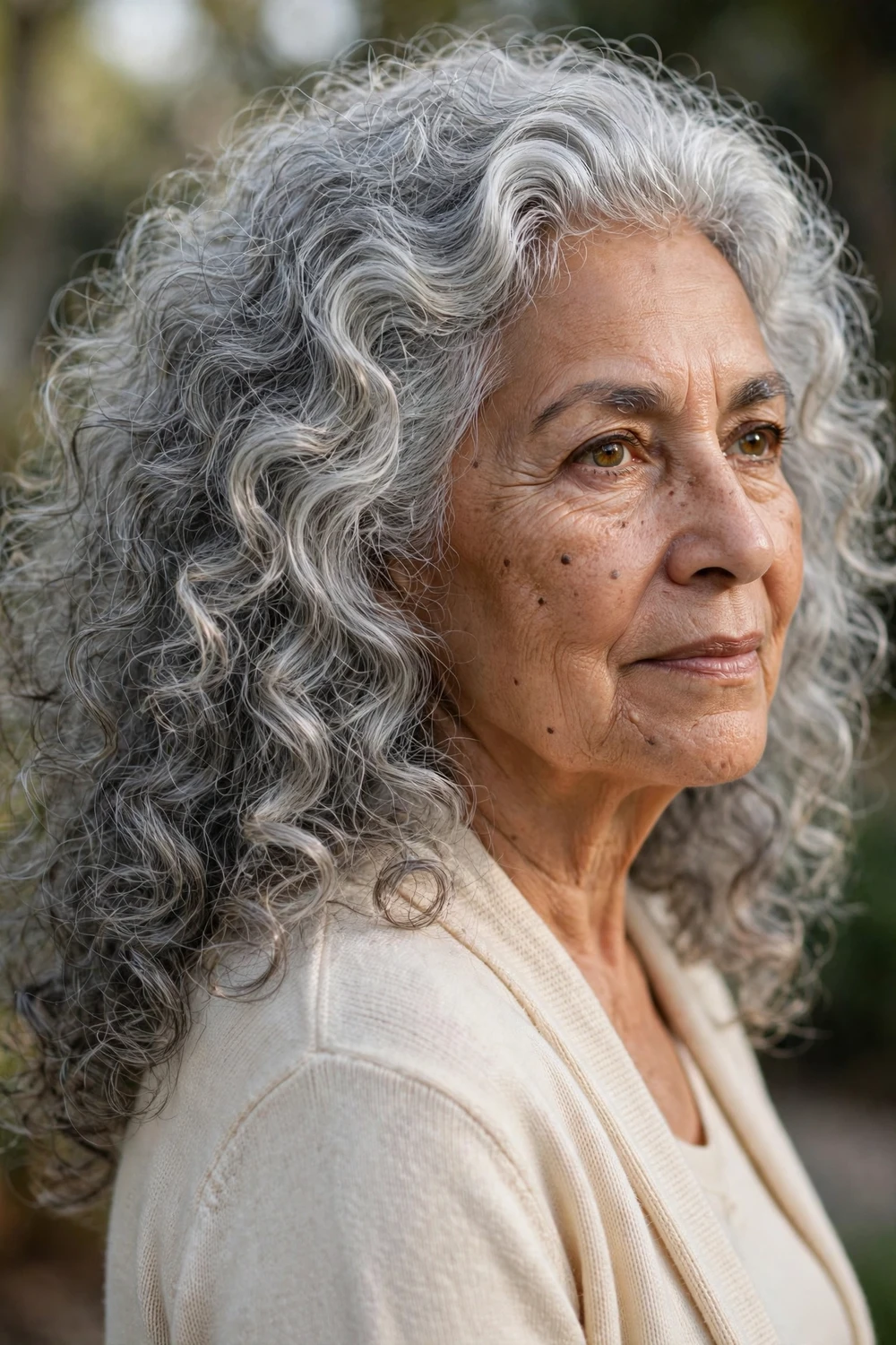 Woman in her 60s with long dry-cut curly layers, three-quarter view