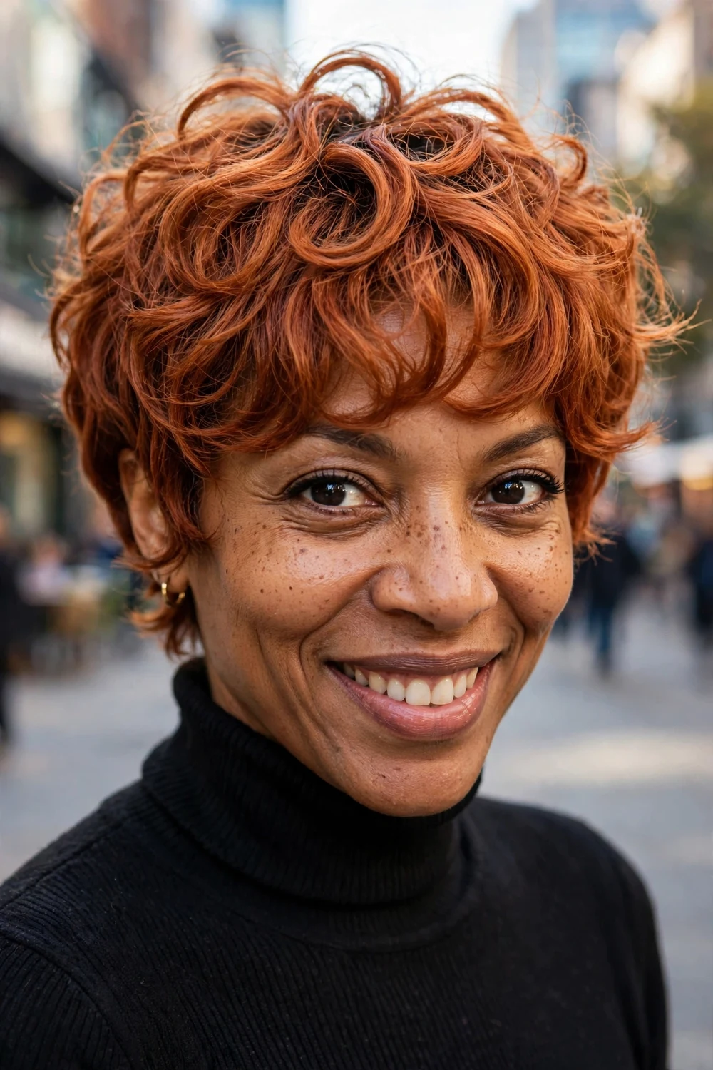 Woman with an oval face wearing a long curly pixie with full bangs and copper-dyed curls