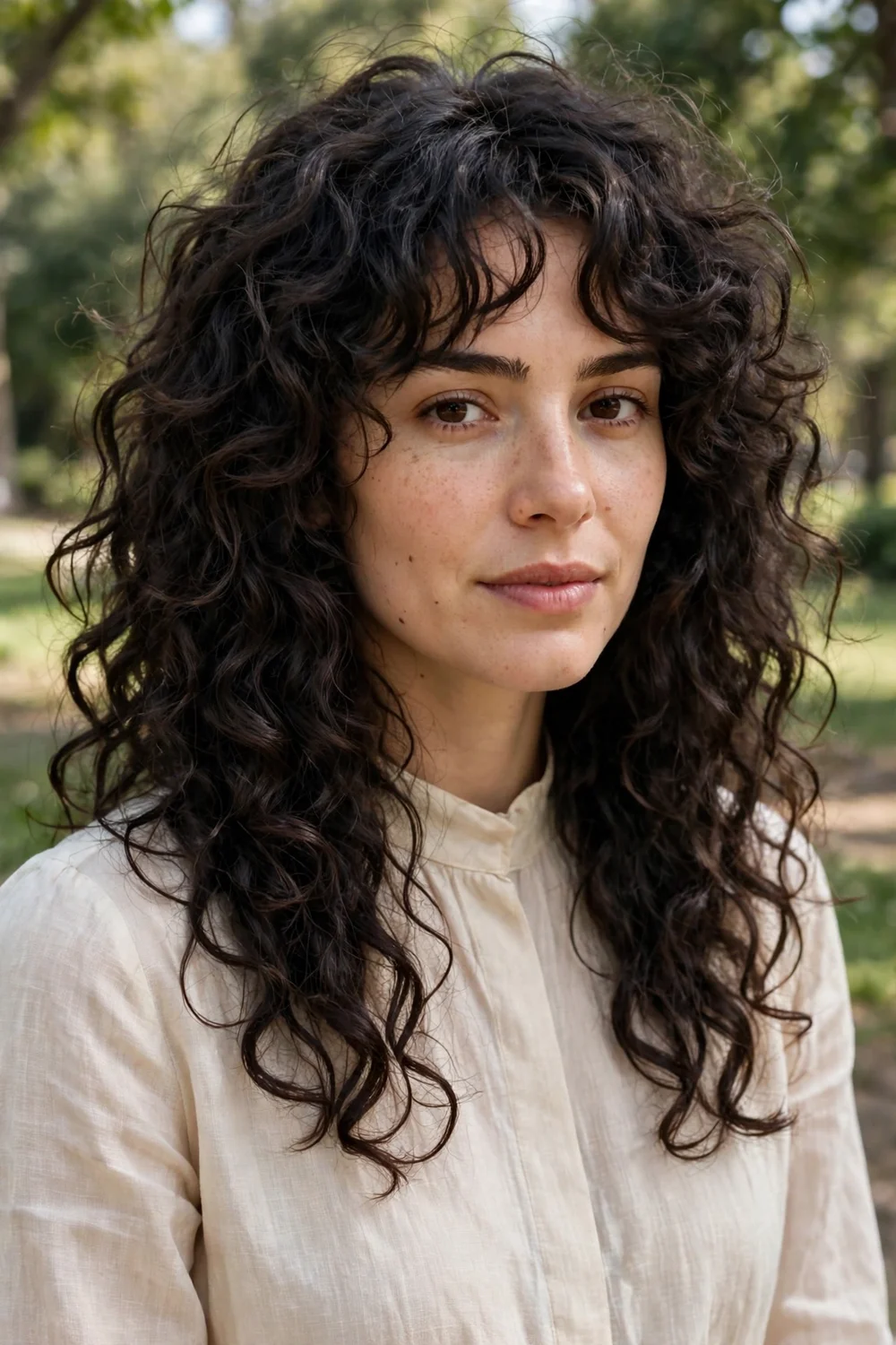 Long curly wolf cut hairstyle with layered curls and volume