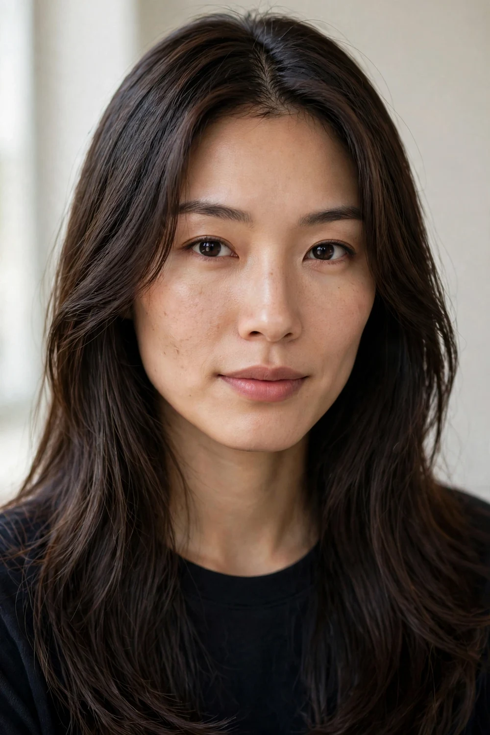 Long curtain bangs parted and blended into long hair on a square face