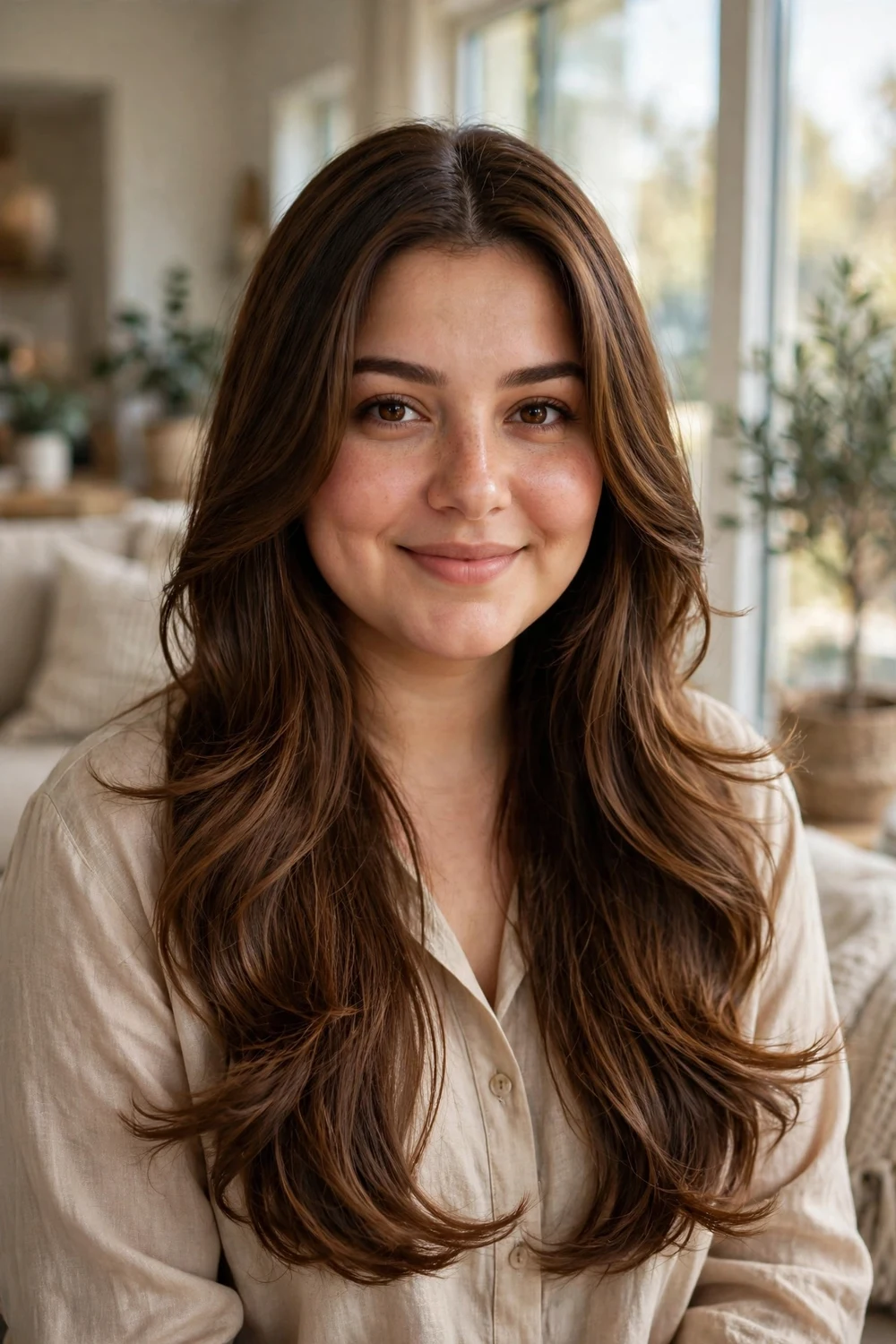 Woman with a round face and long chestnut-brown hair with face-framing layers starting at the chin