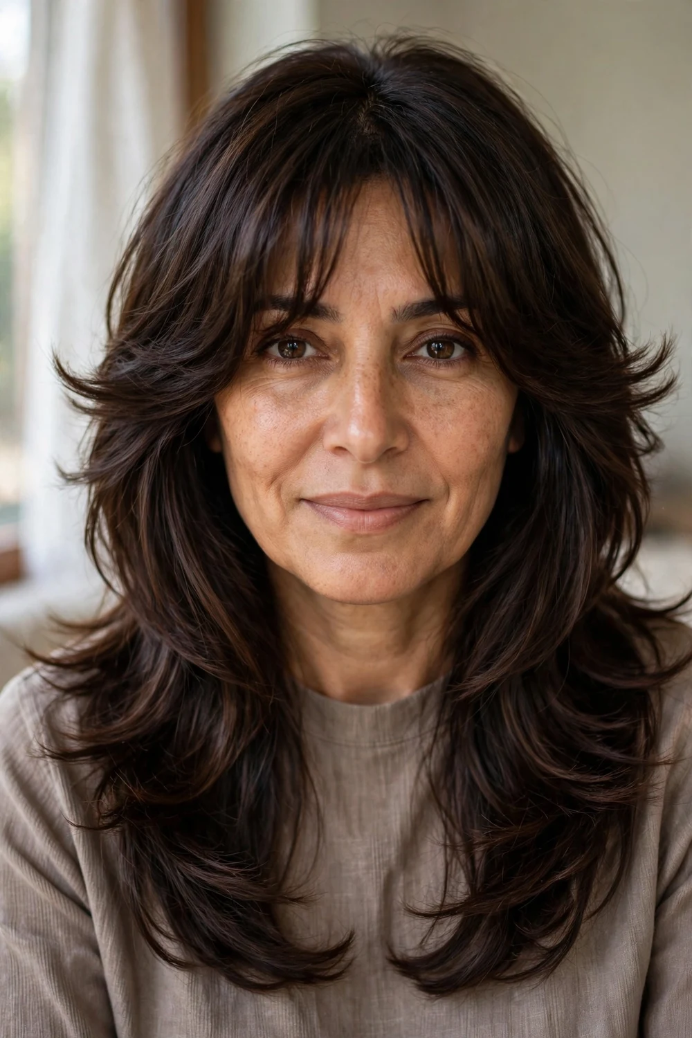 Long feathered layers with curtain bangs and a blowout on fine hair