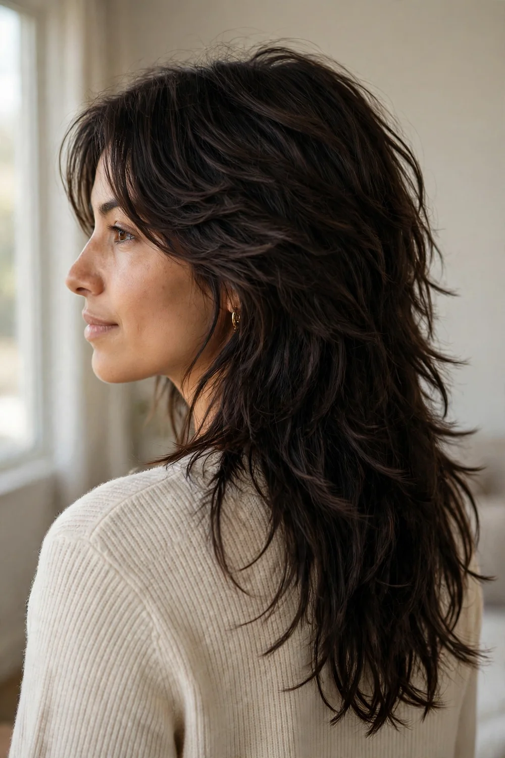 Long feathered wolf cut with cascading layers on dark brunette hair
