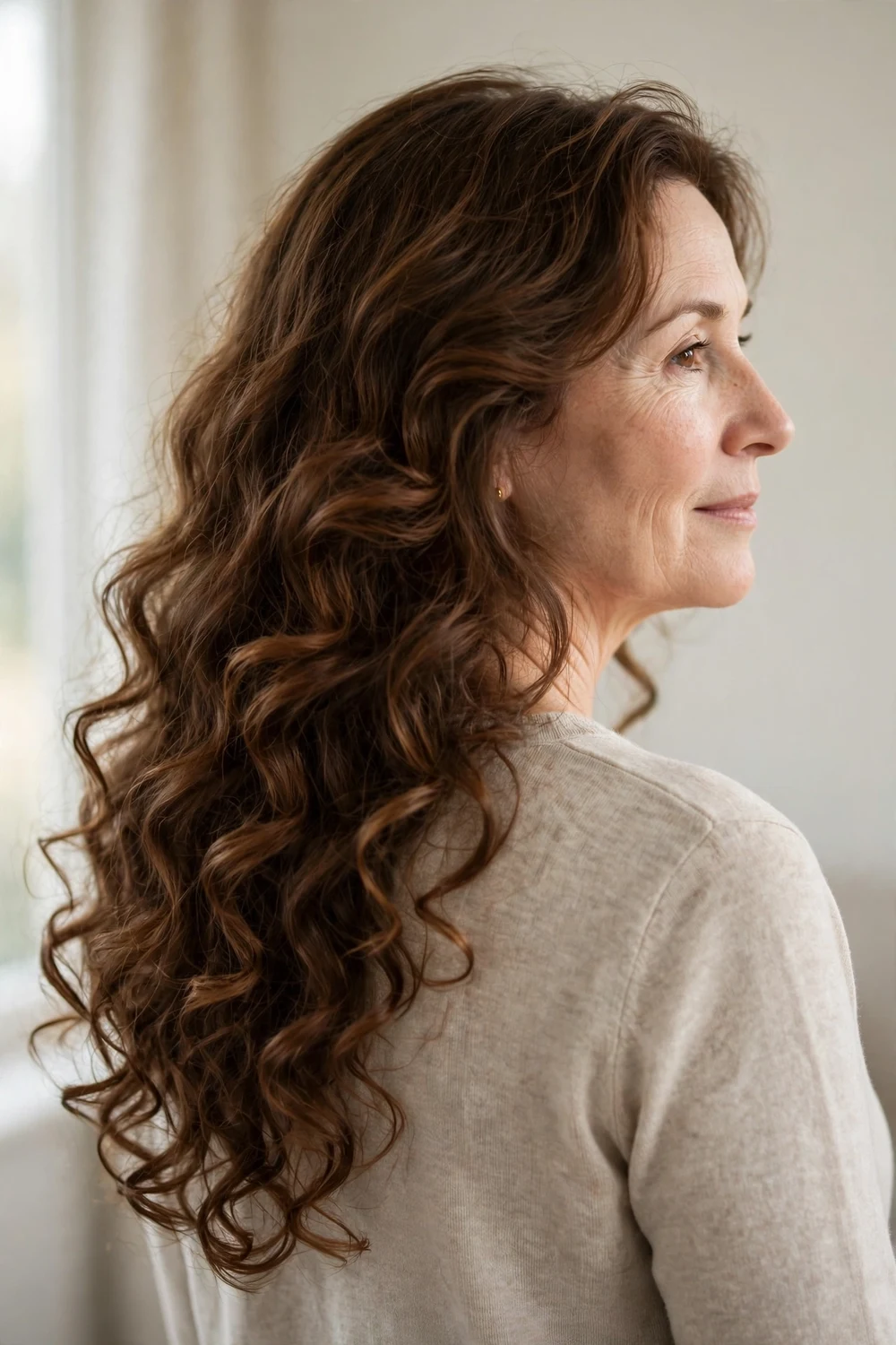 Long flowing chestnut curls from behind