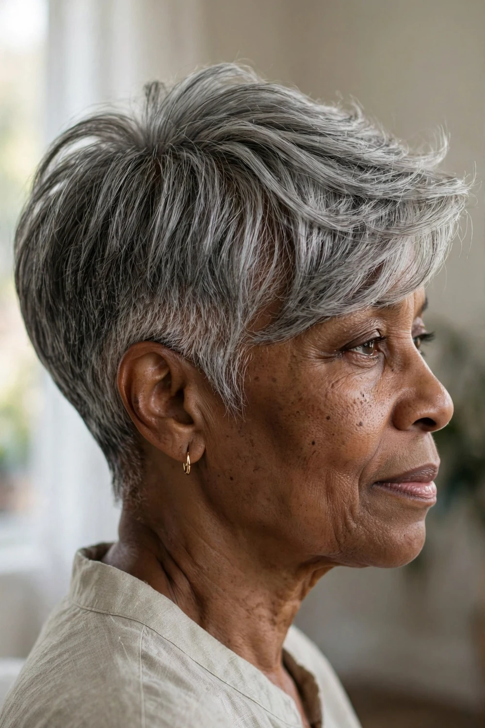 Long gray pixie with tapered sides on a woman in her 50s