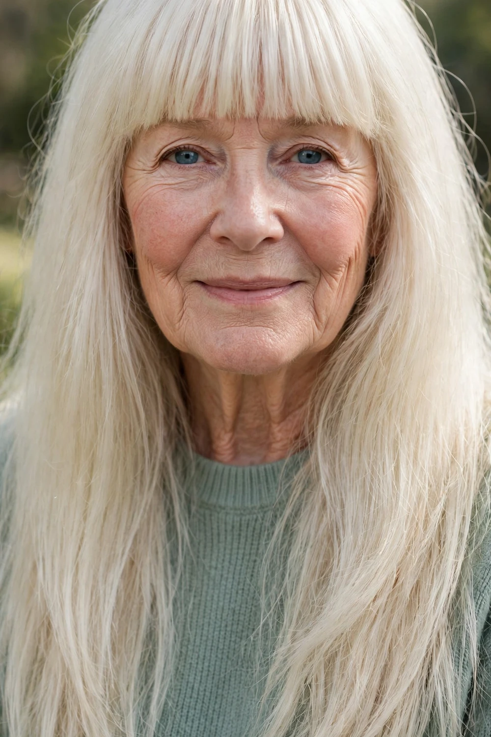 Woman in her early 70s with long hair and full blunt bangs, front view