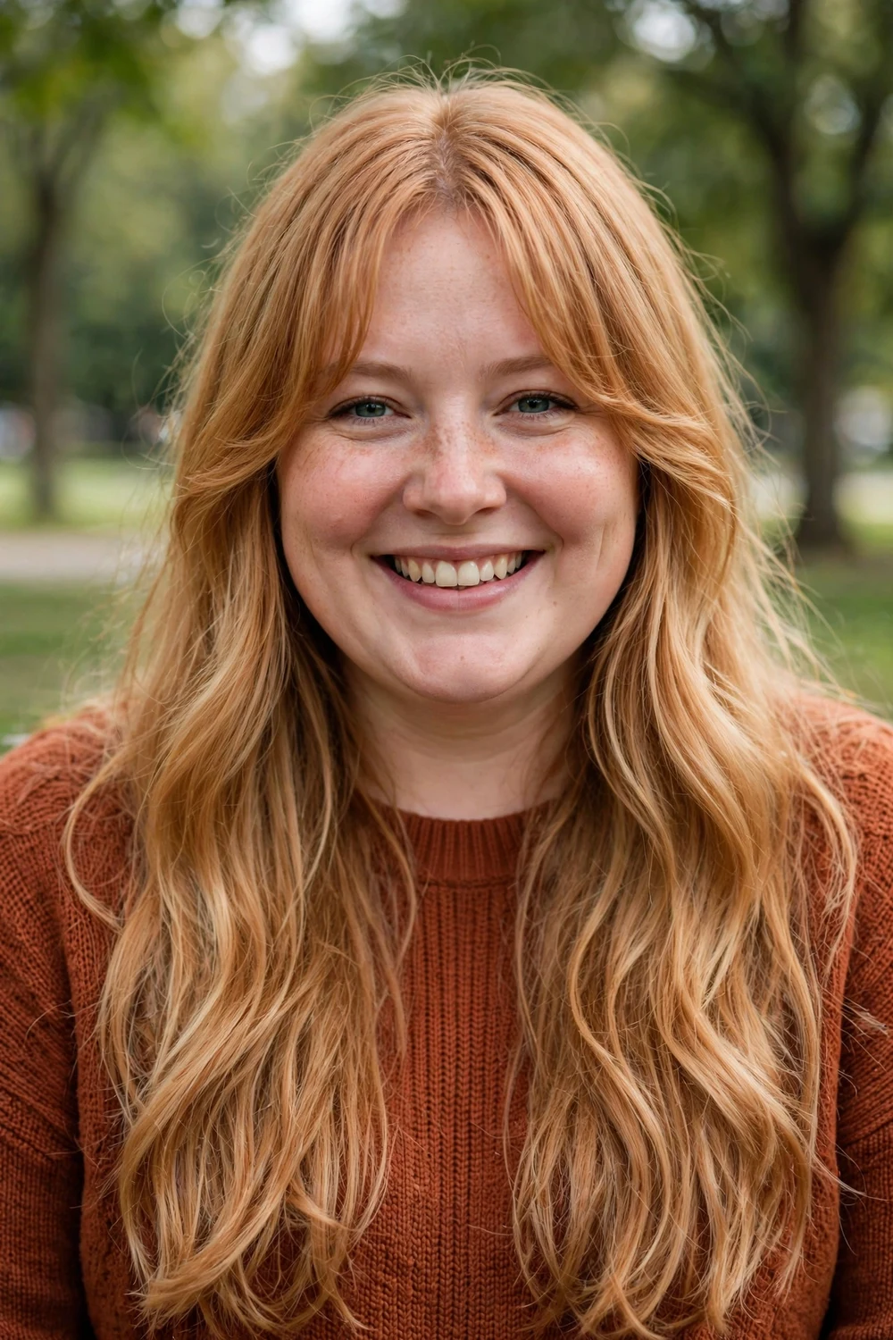 Woman with a round face and long ginger-blonde hair with curtain bangs parted in the middle