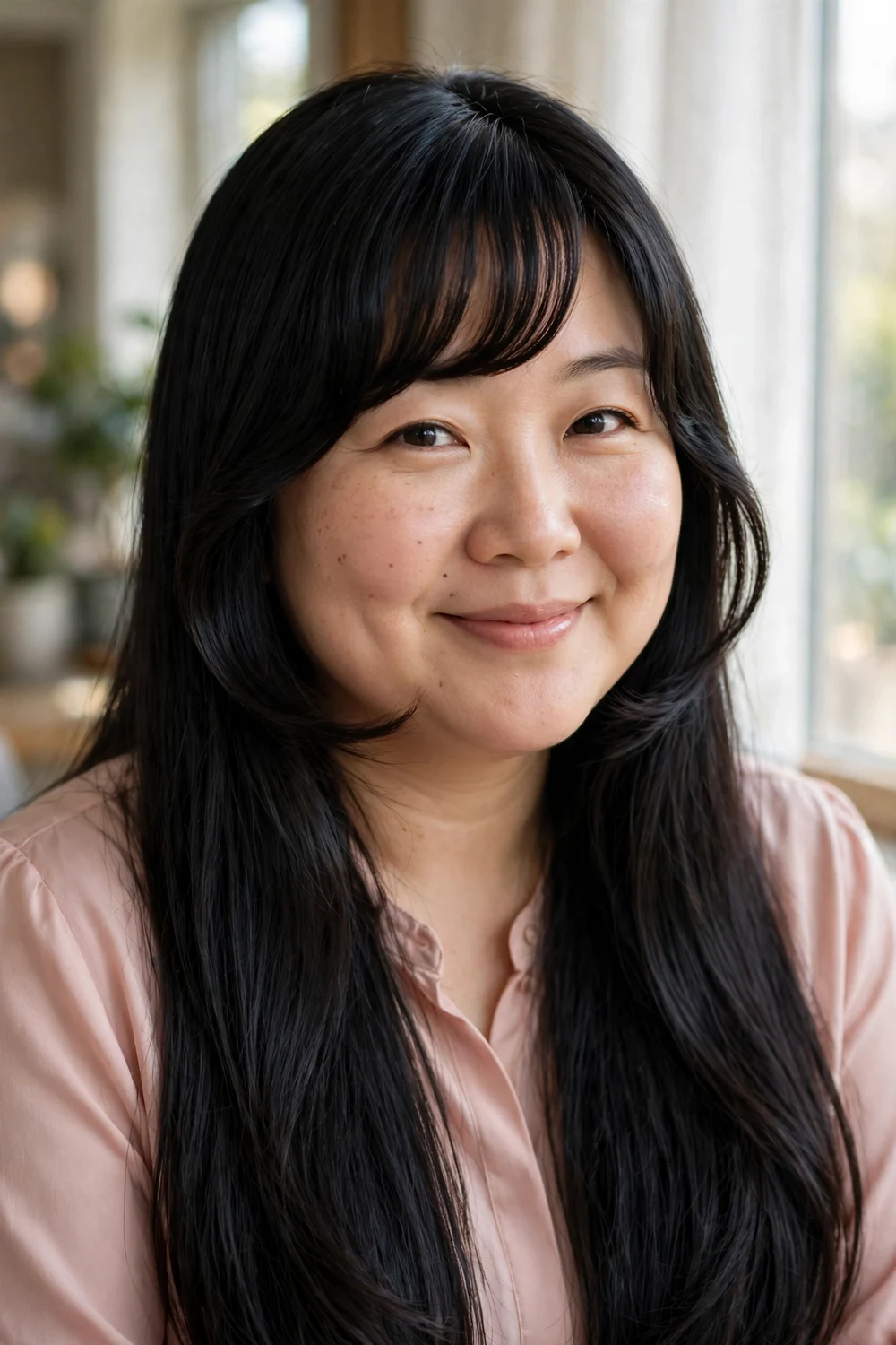 Woman with a round face and long straight black hair with full curved bangs