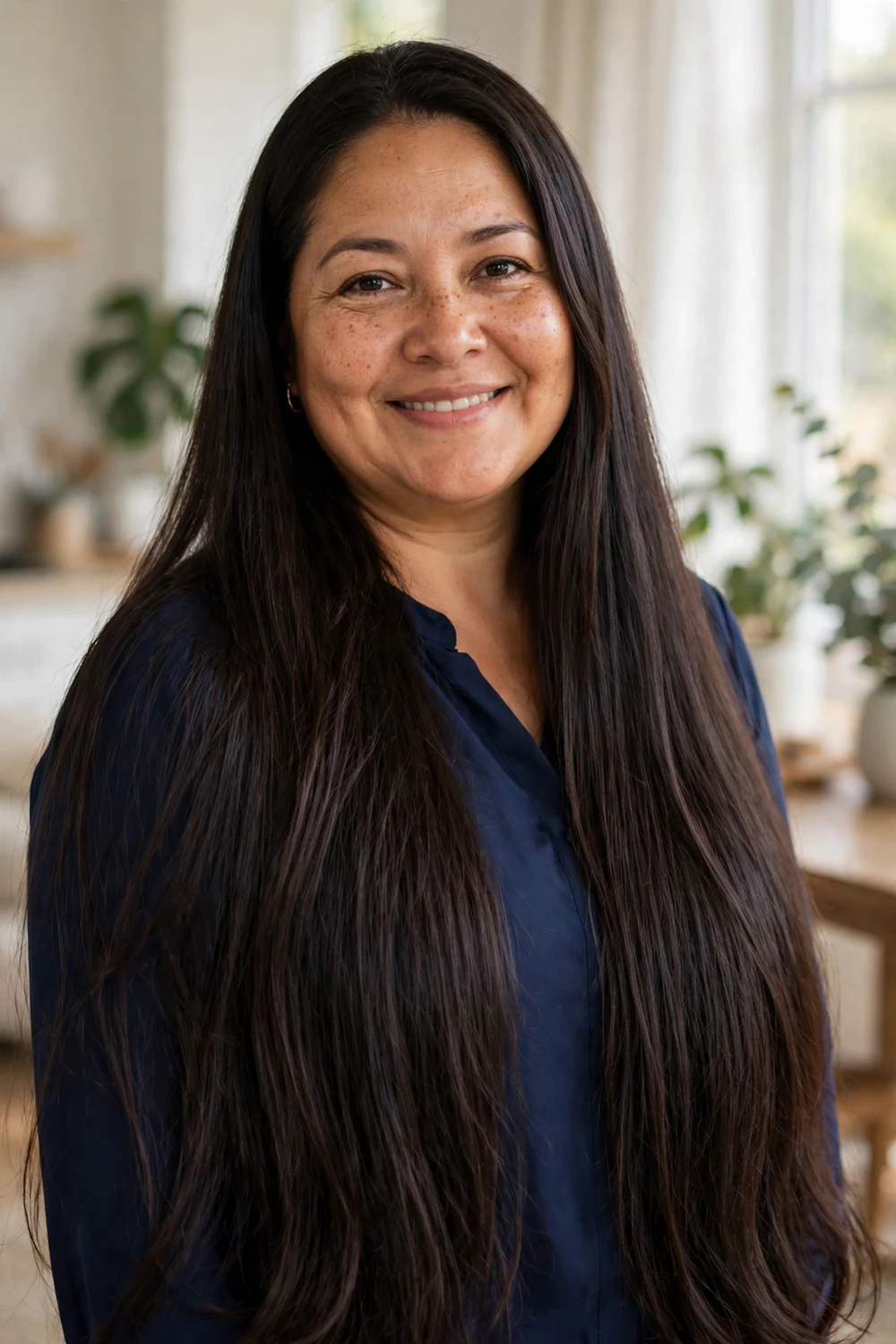 Woman with a round face and extremely thick long dark-brown hair that looks sleek thanks to hidden interior layers