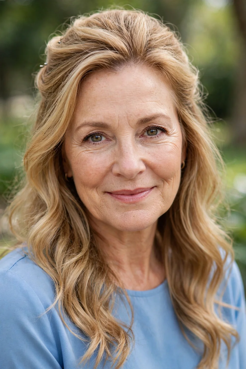 Woman in her late 50s with long honey-blonde hair in a half-up half-down style