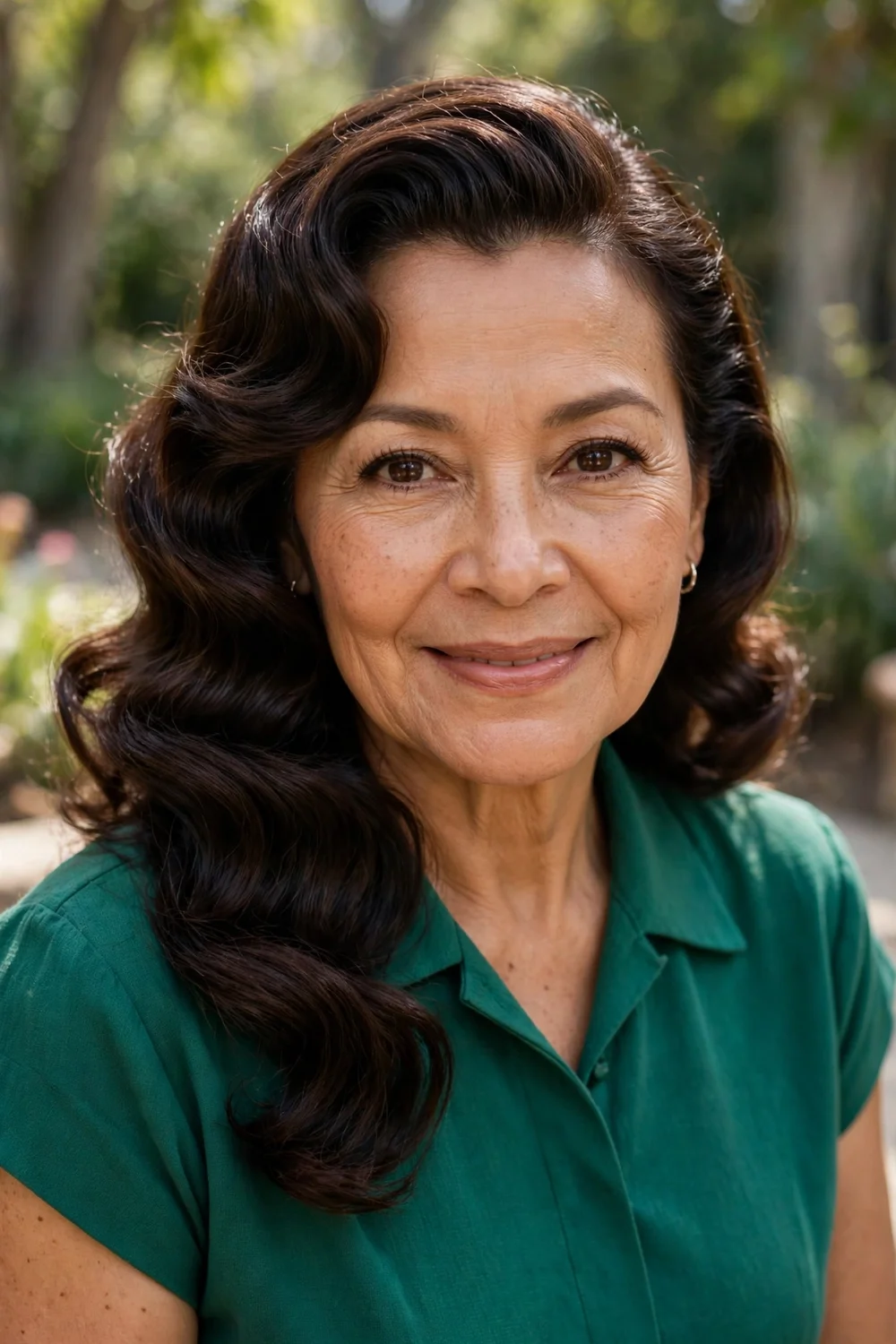Latina woman in her early 60s with long dark-brown hair in defined Hollywood glam waves