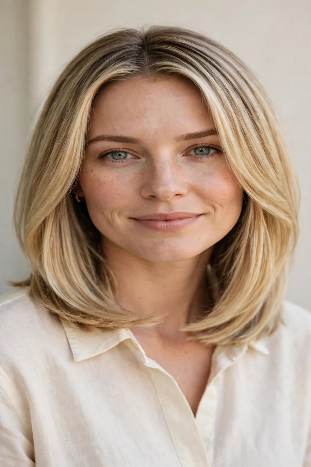 Woman with a long layered bob, face-framing layers at the front
