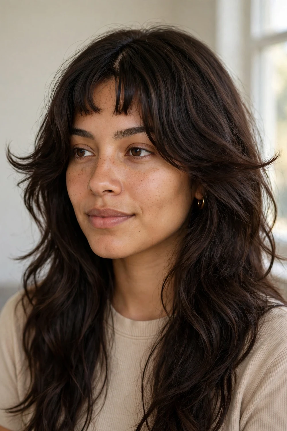 Woman with long layered hair and bottleneck bangs