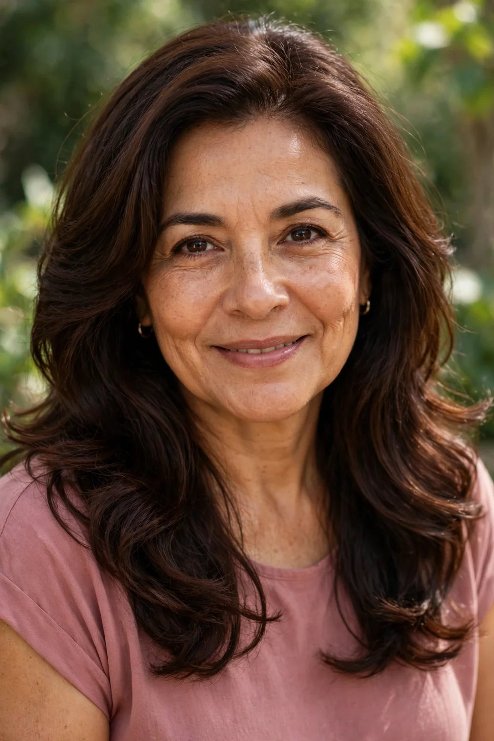 Hispanic woman in her early 50s with long rich chocolate-brown hair in soft layers