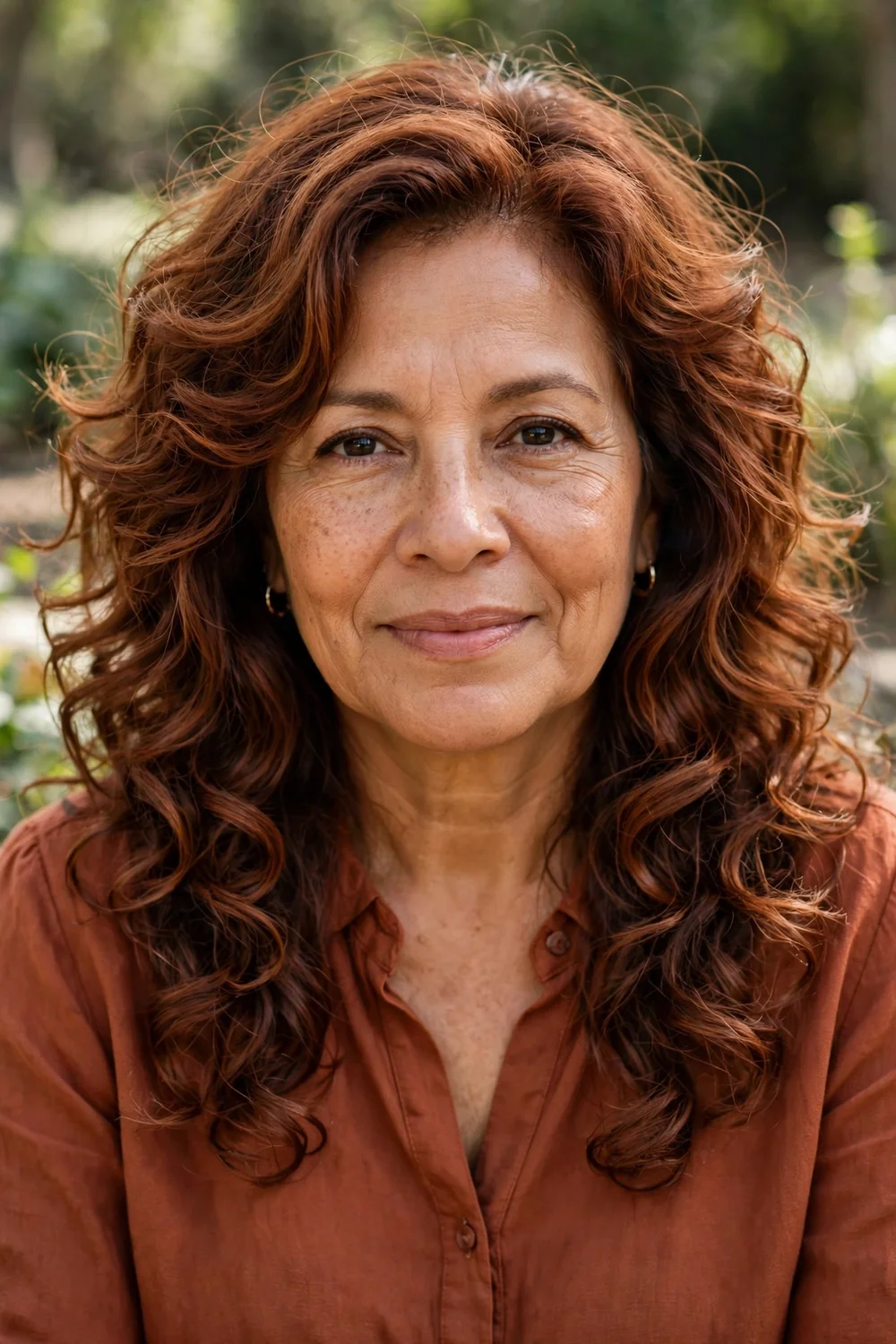 Latina woman in her late 50s with long layered copper-brown curls