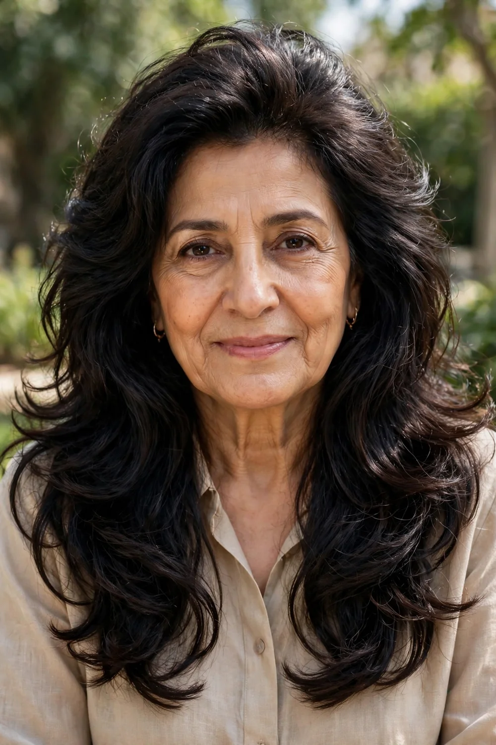 Middle Eastern woman in her early 60s with long dark hair in full voluminous layers