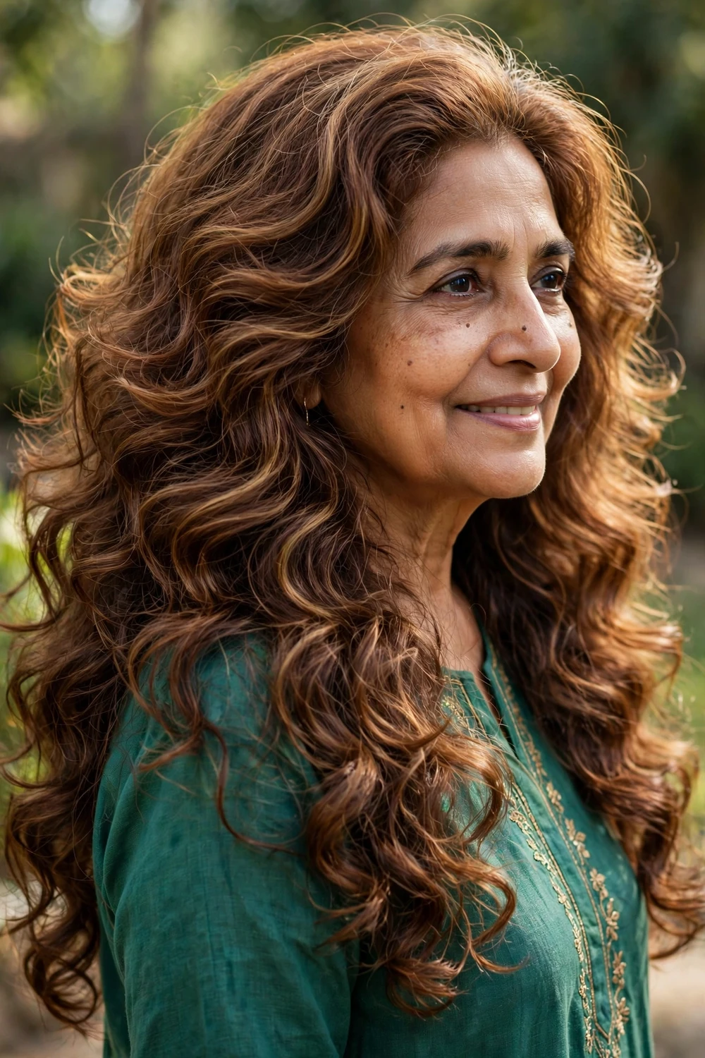 Woman in her late 60s with long layered cut and loose curls, side view