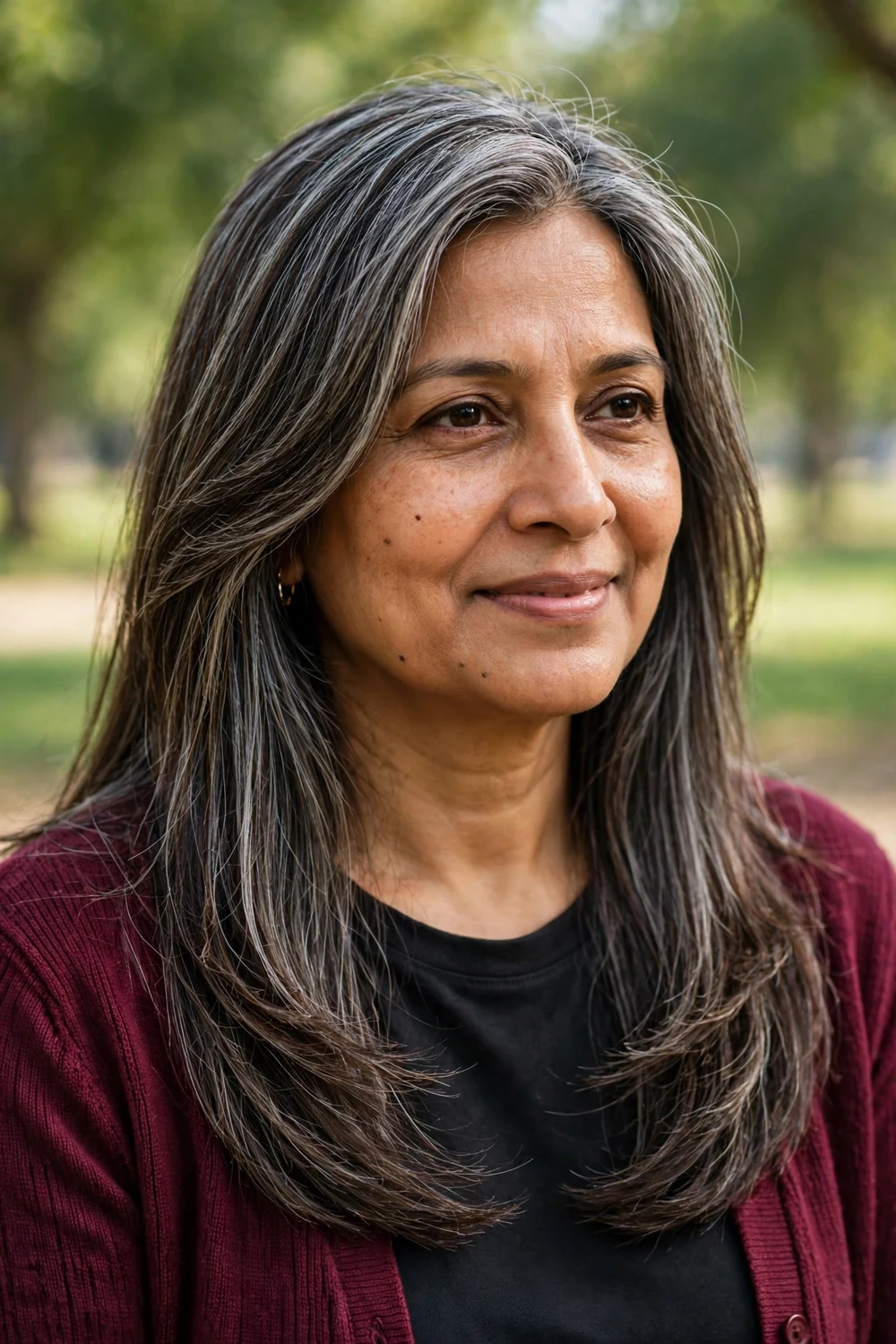 South Asian woman in her mid-50s with long layered salt-and-pepper hair