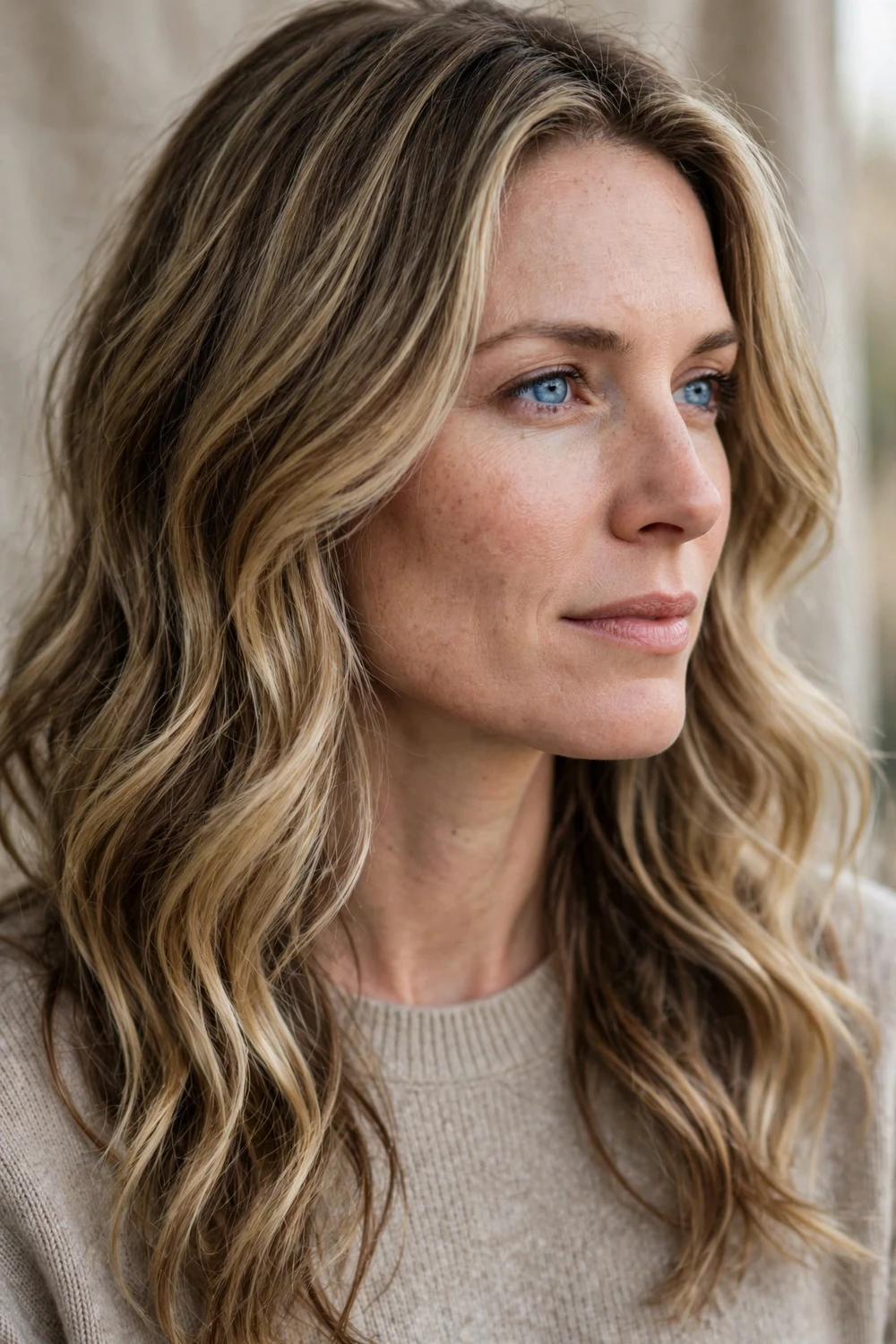 Long layered waves cascading past the shoulders on a square face
