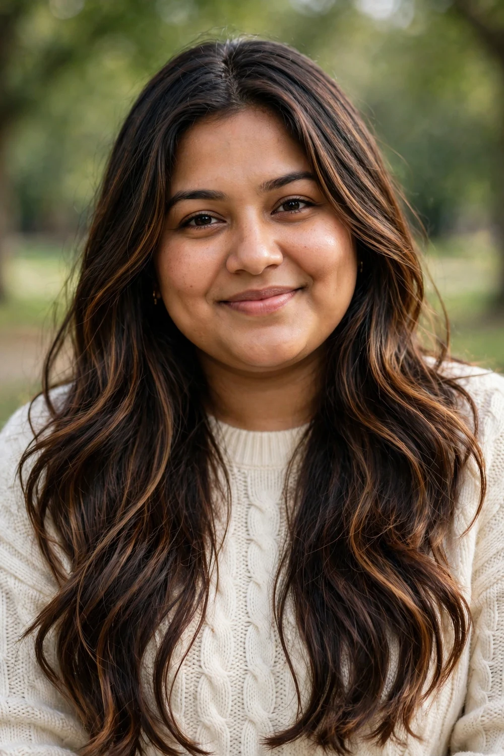 Woman with a round face and long dark-brown hair with caramel balayage highlights in long layers