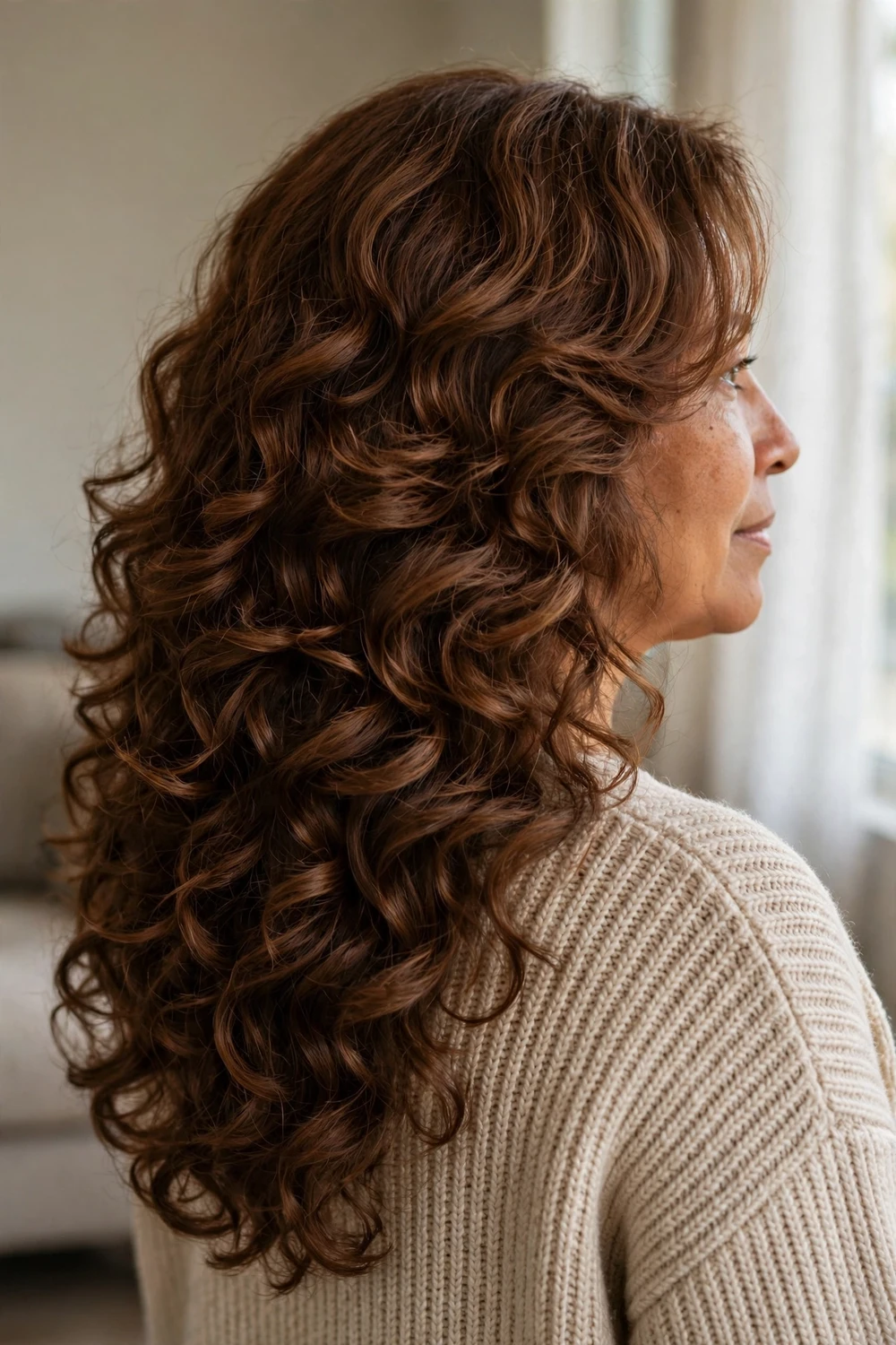 Woman with long layered thick curly hair showing weight distribution