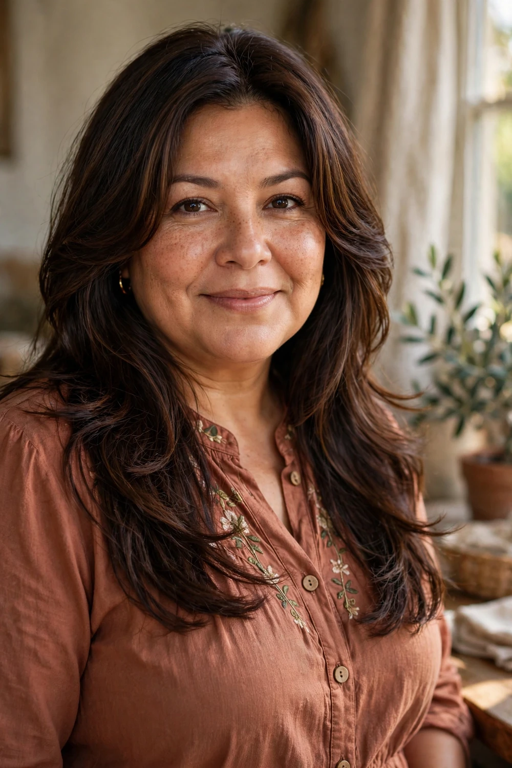 Plus-size Latina woman in her mid 40s with long layered hair and face-framing front pieces