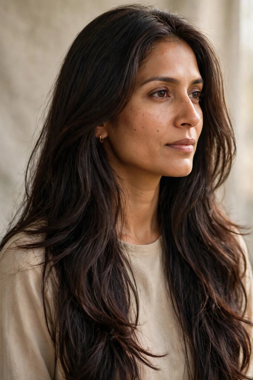 Woman in her 60s with long layers and face-framing pieces, side view