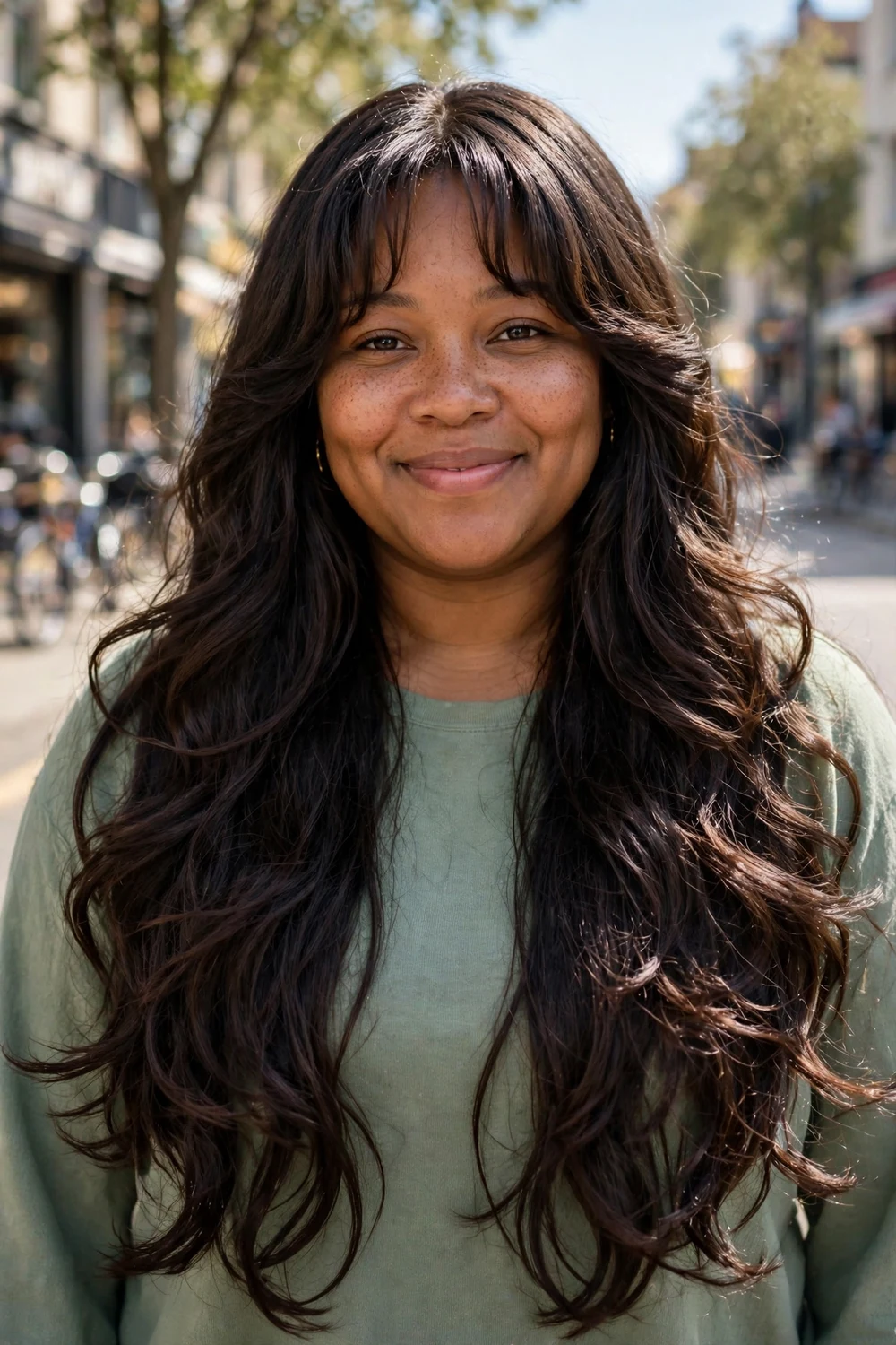 Woman with a round face and long layered dark-brown hair with light feathered bangs