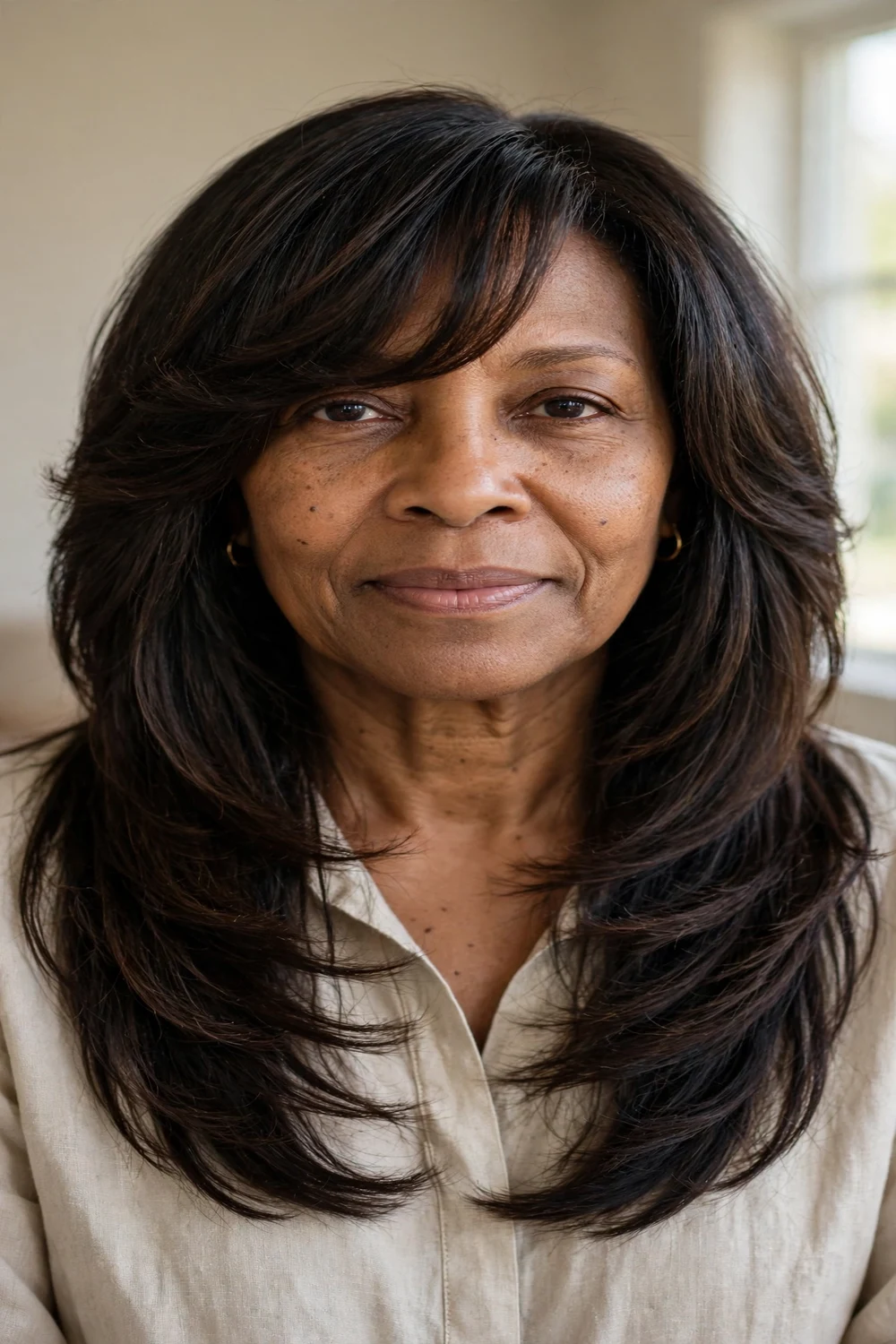 Woman over 50 with long layers and side bangs