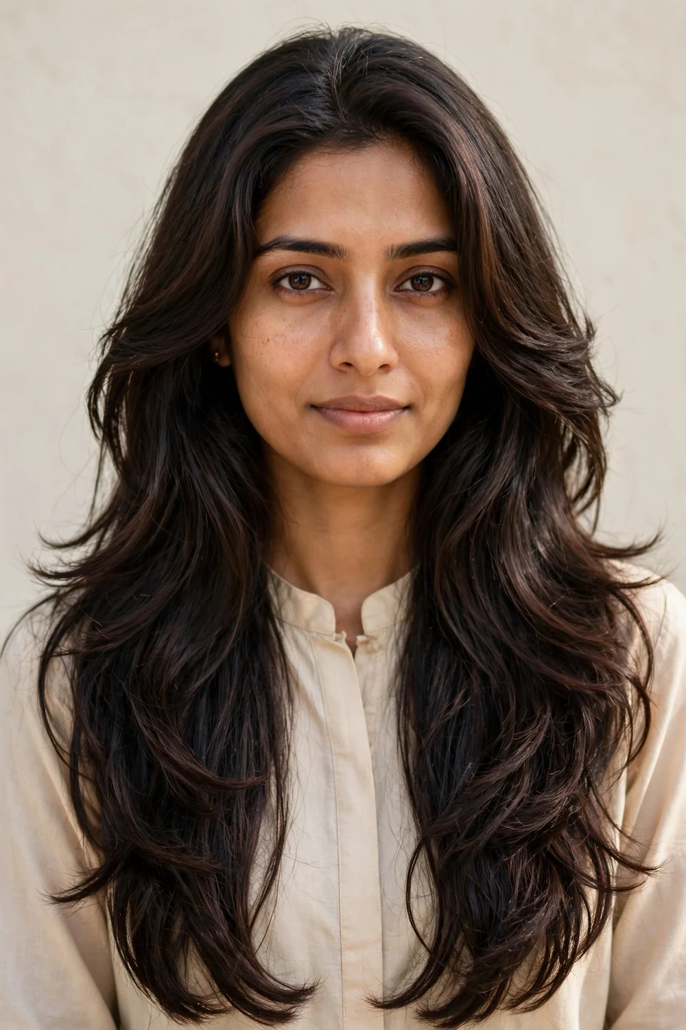 South Asian woman in her late twenties with an oblong face and very long dark brown hair with layers adding volume at the sides