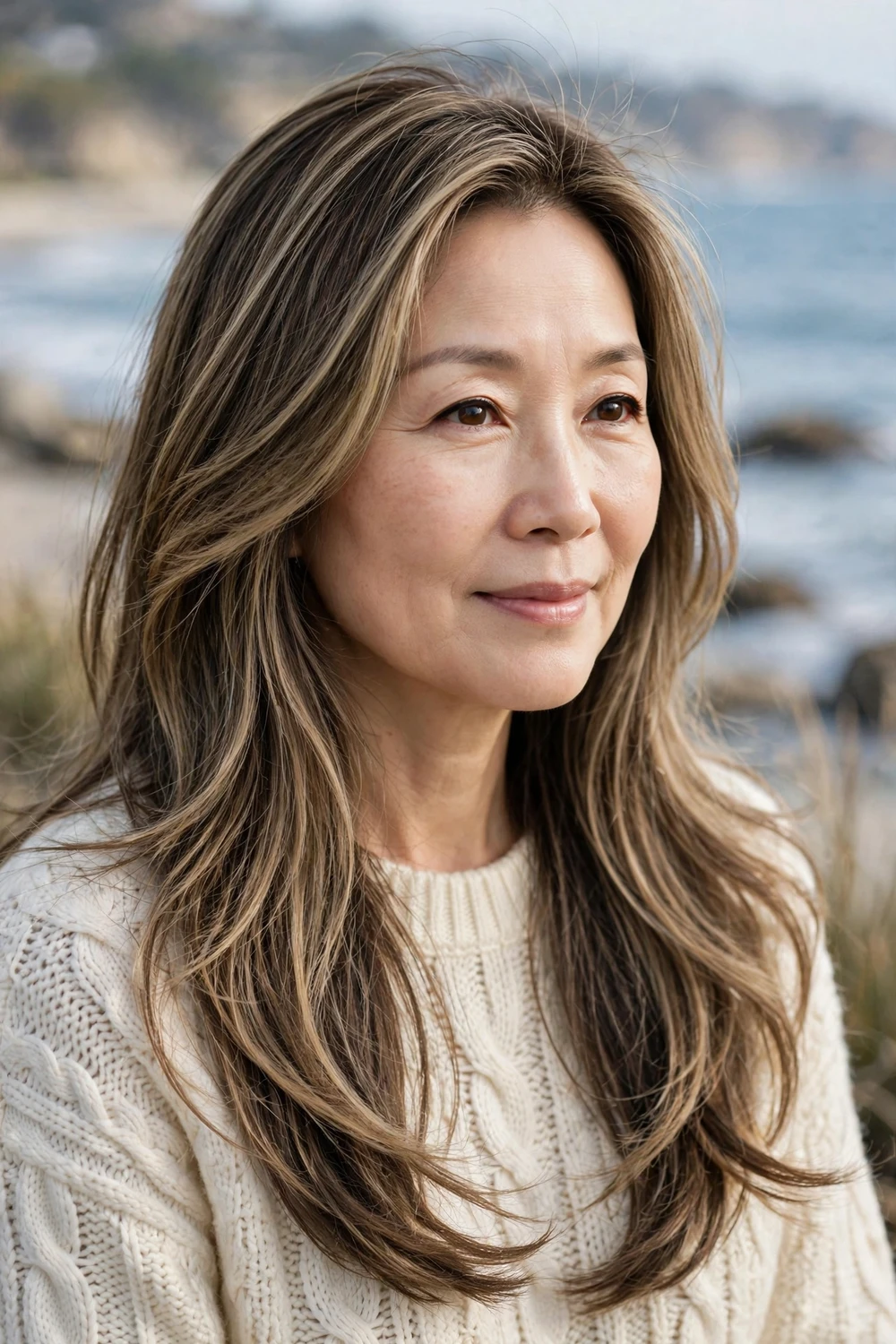 Woman over 50 with long layered hair and blowout volume on thin hair