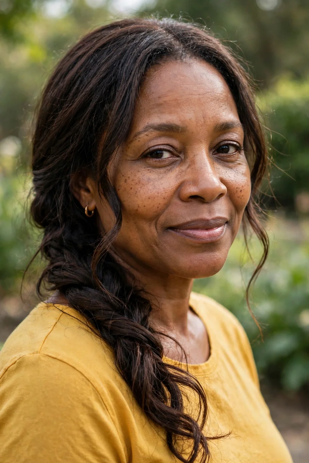 Black woman in her mid 50s with long dark-brown hair in a loose soft French braid