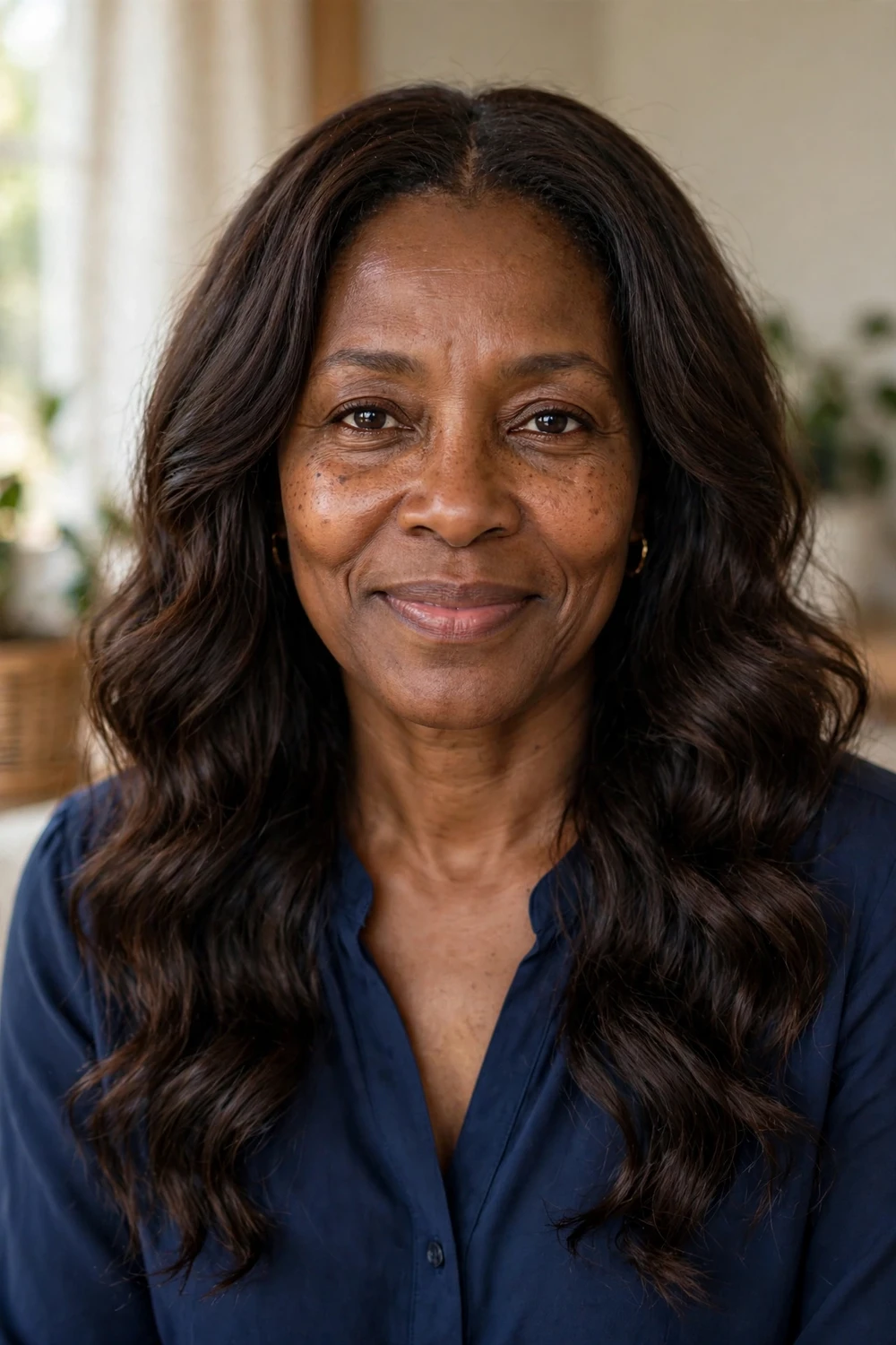 Black woman in her early 50s with long loose dark brown waves parted in the middle