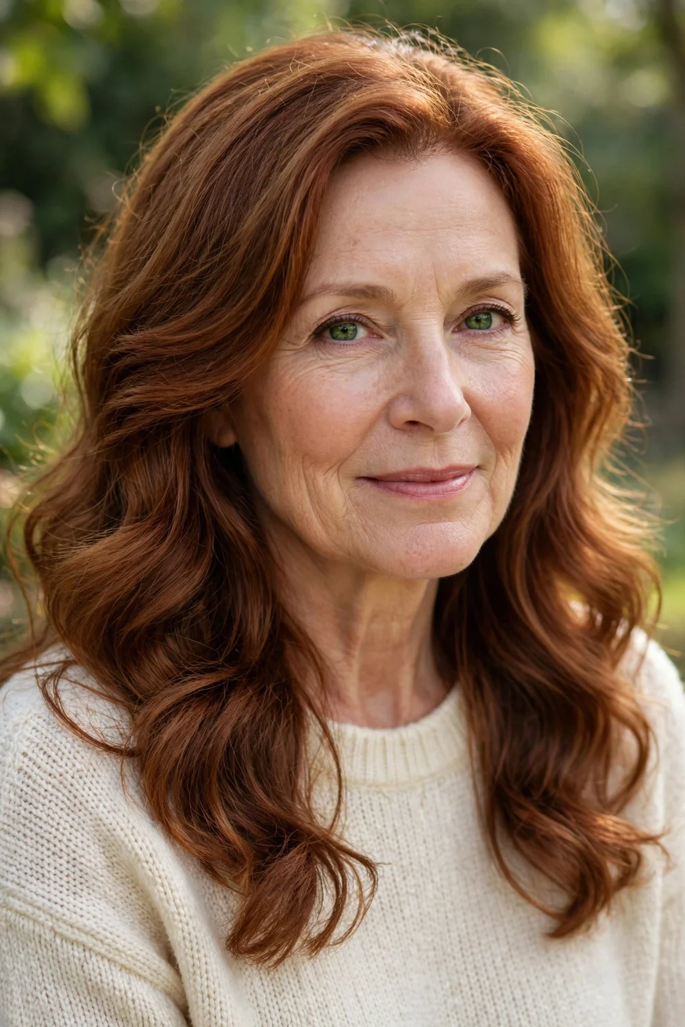 Woman in her early 60s with long auburn hair in soft loose polished waves