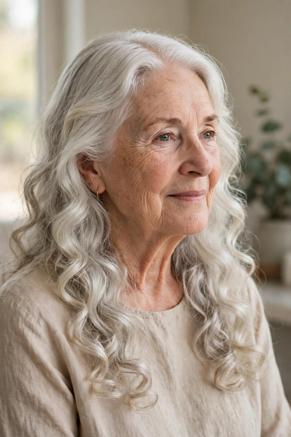 Woman over 60 with long loose white curls