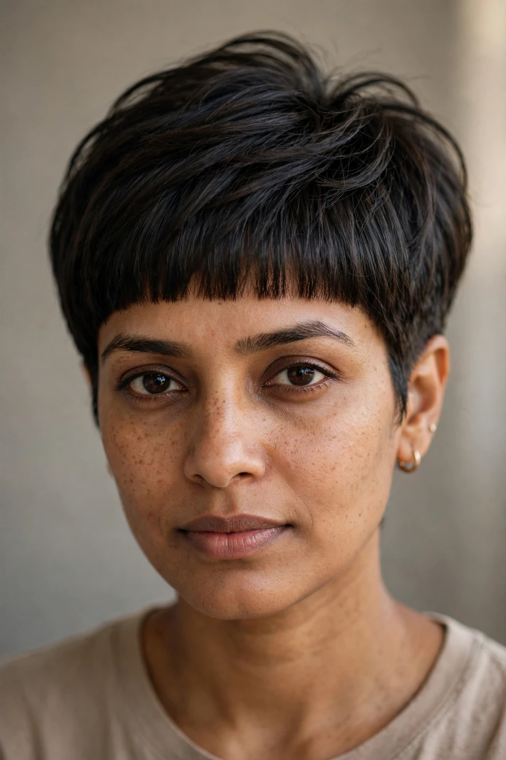 Long pixie haircut with blunt bangs