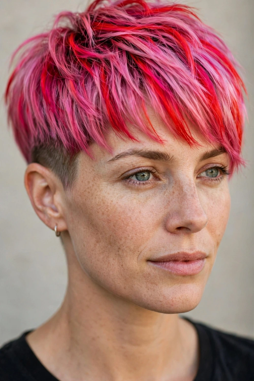Long pixie haircut with bold fashion color and bangs
