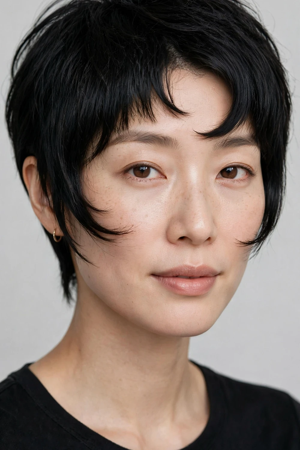 Long pixie haircut with bottleneck bangs