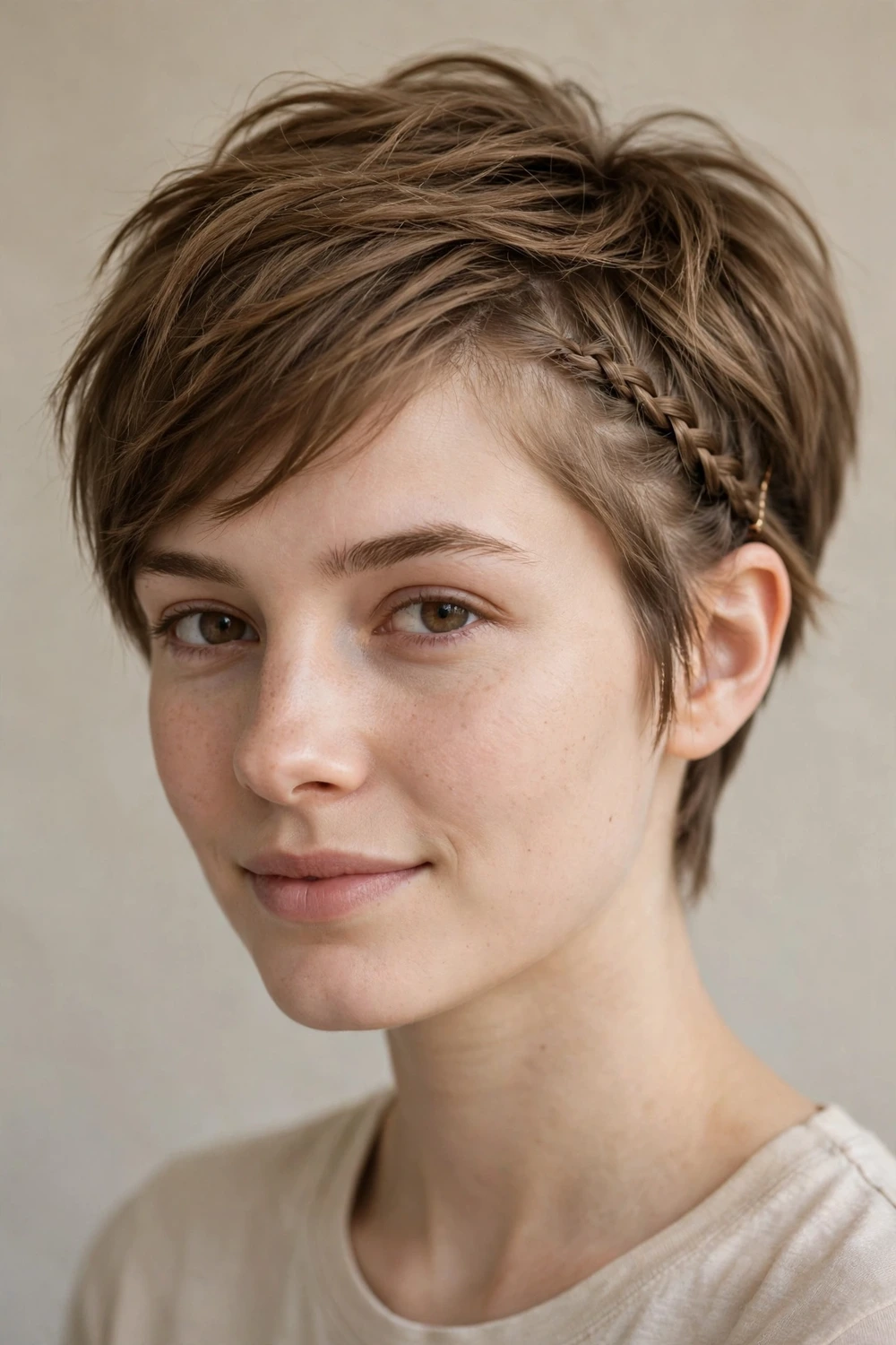 Long pixie with braided front bangs