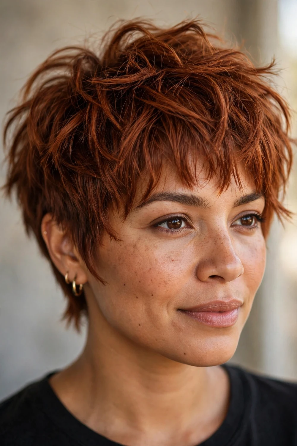 Choppy textured long pixie haircut with bangs